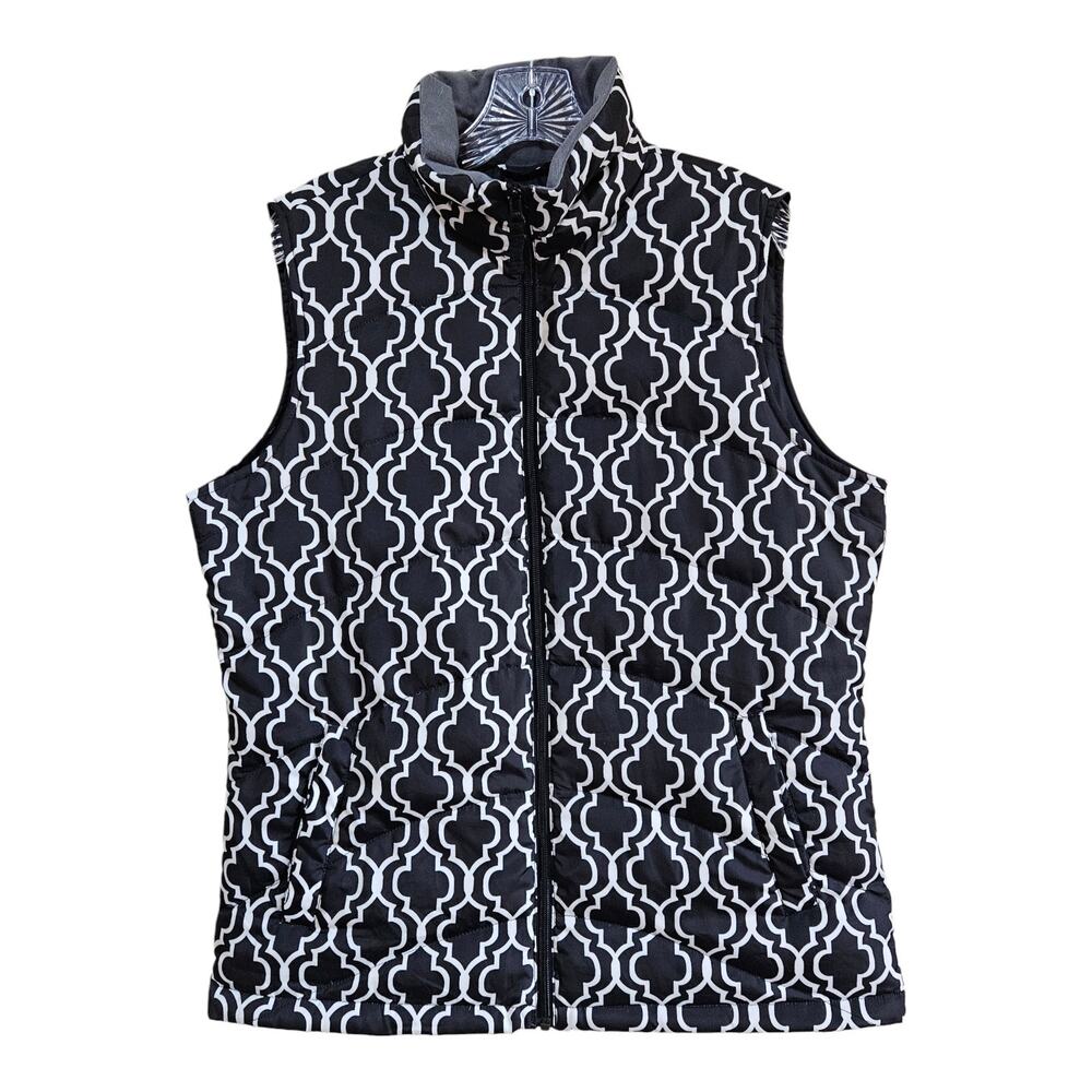 LANDS END Women's Tall M Down Puffer Vest Black White Quatrefoil Print Full Zip
